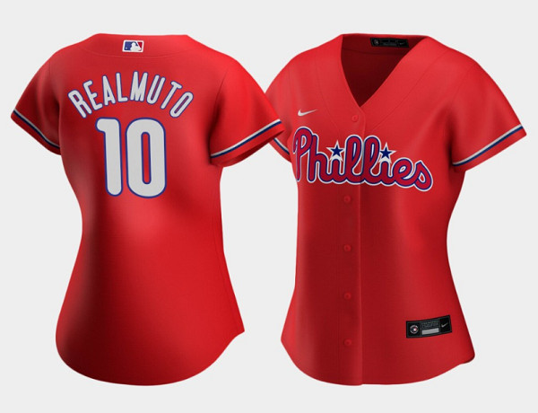 Women's Philadelphia Phillies #10 J.T. Realmuto Red Stitched Baseball Jersey(Run Small)